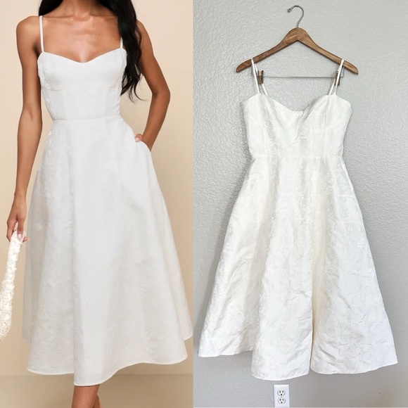 Lulus Dresses & Skirts - NWOT Meet for Tea Off White Jacquard Bustier Midi Dress With Pockets